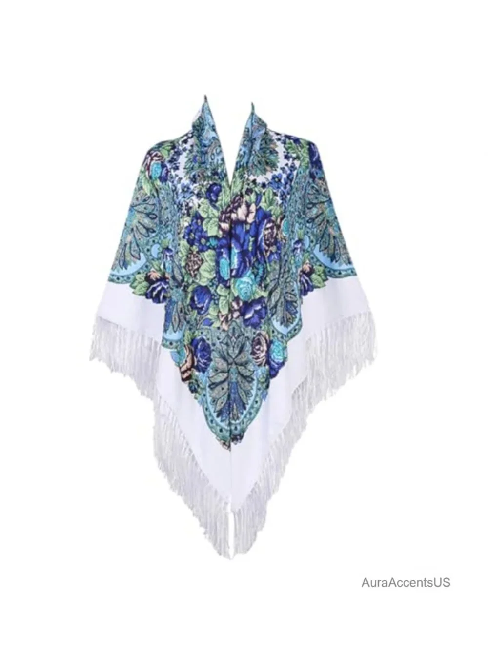 Oversized Square Scarf Shawl Wrap with Tassel Fringes Floral Poncho